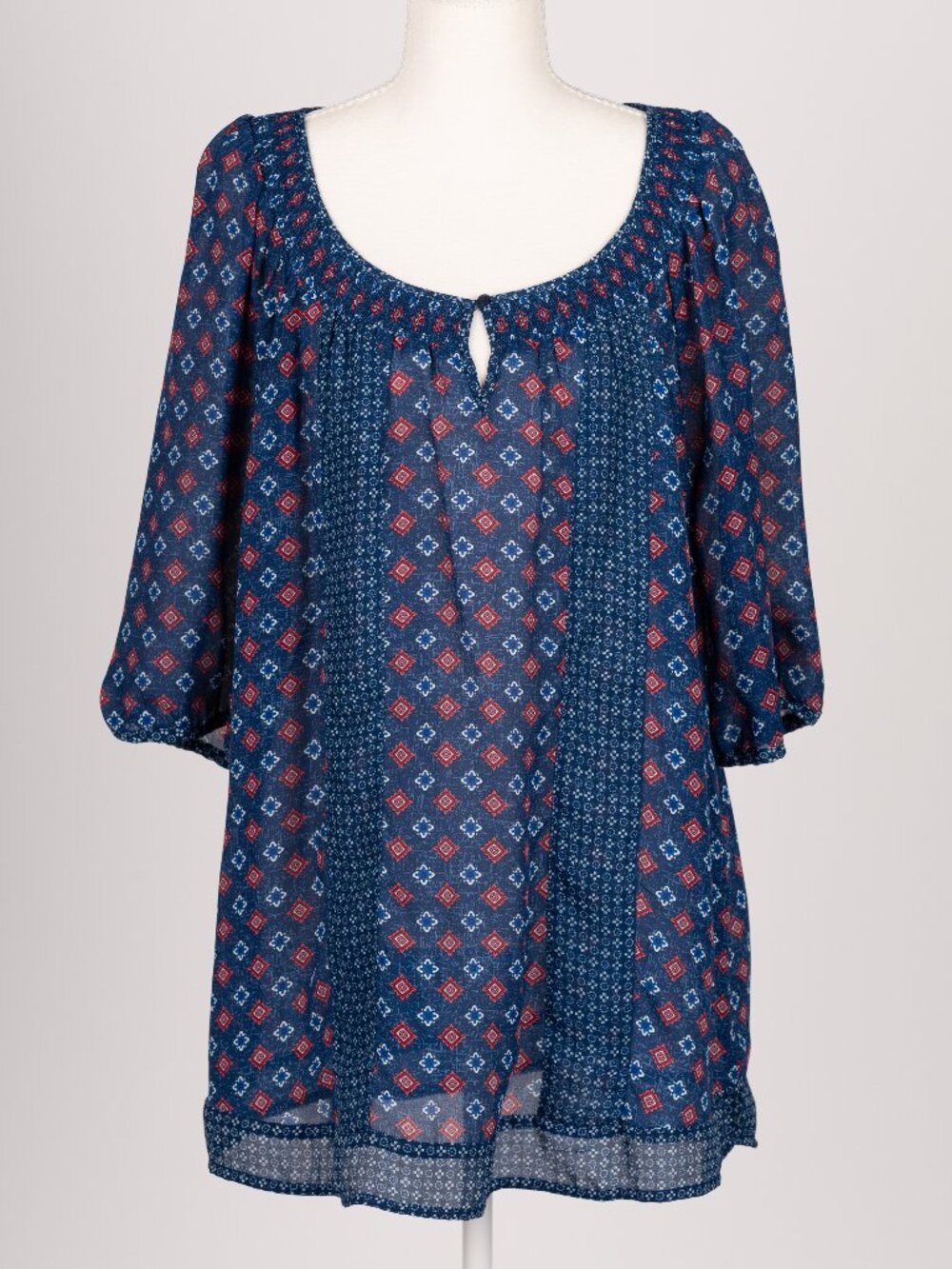 Dressbarn Boho Peasant Blouse Plus Size 1X NWT Blue Geometric Coastal Artsy